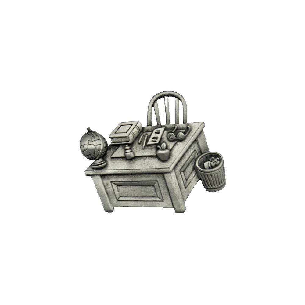 Vintage Pewter Teacher's Desk‎ Brooch Pin Globe Apple School Supplies 3D 3"